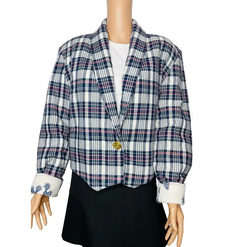 Alix of Bohemia Kefa Plaid Jacket size M NWT Cotton Cropped White/Navy/Red - Picture 6 of 8